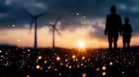 Silhouettes of parent and child watching sunset near wind turbines with magical bokeh lights in foreground creating dreamy atmosphere for environmental concepts.
