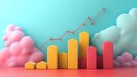 Growing bar chart with upward trend line against dreamy pastel clouds background, showing business progress in yellow and coral colors on mint blue sky.