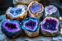 Natural amethyst geode crystals displaying vibrant purple and blue colors with rough outer surface and sparkling druzy interior, arranged on dark background.