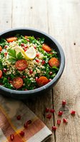 Fresh tabbouleh salad with parsley, tomatoes, and pomegranate seeds in dark bowl on rustic wooden table for healthy Mediterranean cuisine and diet concepts.