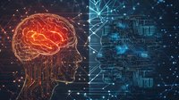 Digital brain profile with glowing orange neural network connecting to blue circuit patterns, representing artificial intelligence and machine learning technology.
