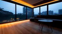 Modern luxury apartment interior with panoramic windows, ambient orange LED lighting, wooden flooring and city skyline view at dusk, creating atmospheric mood.