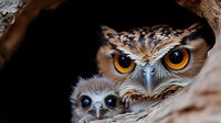 Great horned owl parent with baby owlet nestled in tree hollow, intense amber eyes and protective stance against dark background, wildlife photography.