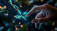 Magical glowing turquoise butterfly touched by gentle hand with sparkles and bokeh lights in dark mystical atmosphere, creating ethereal fantasy scene.