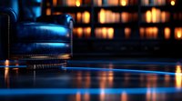 Luxurious leather armchair detail in dark moody interior with dramatic lighting, bokeh effects and reflective surface creating atmospheric ambiance.