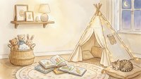 Cozy children's bedroom interior with teepee tent, books, toys and sleeping cat creating peaceful reading corner for kids play and learning.