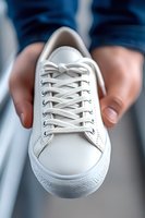 Clean white sneaker with classic laces held in hands against blurred background, showcasing minimalist design and casual style for fashion and footwear marketing.