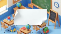 Colorful classroom interior with wooden furniture, globe, backpack, and blank speech bubble for text overlay. Educational setting for school projects, learning materials, and teaching resources.