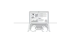 Modern laptop computer with hands typing on keyboard showing business dashboard with charts and graphs for professional work and data analysis.