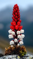 Vibrant red and white mountain wildflower blooming on rocky terrain against blurred natural background, showing detailed petals and moss at base. Perfect for nature photography.