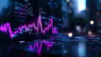 Financial market data visualization with neon pink stock charts and trading indicators reflected on wet surface against blurred city background at night.