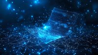 Glowing laptop computer with network connections and bright blue particles in dark space, digital transformation concept for technology innovation.