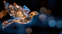 Glowing golden dove in flight against dark blue background with bokeh lights, magical luminous bird silhouette radiating warm light creates ethereal atmosphere.