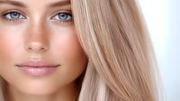 Young blonde woman with blue eyes and natural makeup showcasing healthy glowing skin and silky hair for beauty and skincare concepts.