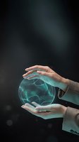 Hands holding glowing digital sphere with network connections against dark background, representing technology, innovation, and data management for business solutions.