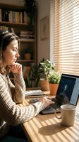 Young woman working from home office using laptop computer in cozy room with natural sunlight streaming through wooden blinds and plants on desk.