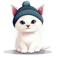 White kitten wearing blue winter beanie hat with pom pom, pink ears visible, big blue eyes and sweet expression, isolated on white background for design projects.