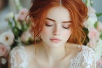 Young Caucasian bride with red hair in elegant white lace dress, eyes closed in peaceful expression, soft romantic lighting with pink roses in background.