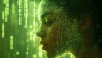 Young African American woman profile with digital matrix code projection on face in green cybernetic environment, representing artificial intelligence concept.
