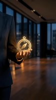 Businessman holding glowing compass icon in modern office representing navigation, direction, guidance and strategic business planning concepts.