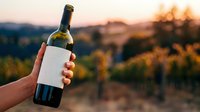 Caucasian male hand holding wine bottle with blank label against vineyard landscape at sunset, showcasing wine production and harvest celebration for beverage marketing.