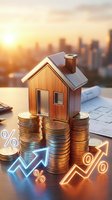 Wooden house model standing on stacked coins with neon percentage symbols and upward arrows, blueprints and cityscape background, representing real estate investment growth and property value appreciation.