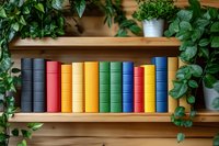 Colorful row of books on wooden shelf surrounded by lush green houseplants, creating cozy home library atmosphere.
