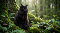 Black fluffy cat sitting in enchanted forest surrounded by moss-covered trees and ferns creating magical woodland atmosphere for pet photography.