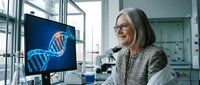 Female scientist in lab coat analyzing DNA structure on computer monitor while working with microscope in modern research laboratory for medical studies.