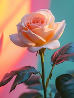 Delicate peach rose bloom against vibrant colorful background, showcasing soft petals and green leaves in warm lighting for greeting cards and floral designs.