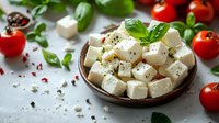 Cubed white cheese with fresh basil, black pepper, and red tomatoes on white surface. Suitable for food, cooking, and recipe content.