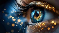 Close up macro shot of bright blue eye with gold glitter and sparkles around, long eyelashes and artistic bokeh lights creating magical fantasy makeup look.