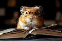 Adorable ginger hamster wearing round glasses sits at open book against dark background, creating humorous scholarly atmosphere for education concepts.