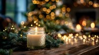 Glowing candle in glass jar surrounded by pine branches on wooden table with festive bokeh lights in background.