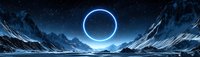 Glowing blue ring illuminates snowy mountain landscape at night, reflecting on calm water surface between peaks against starry sky background.