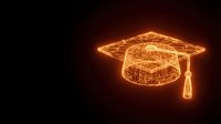 Glowing neon graduation cap with tassel on dark background, representing education, academic achievement, and learning success for online courses and training programs.