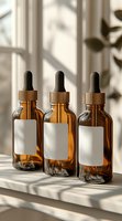Three amber glass dropper bottles with blank white labels on marble surface, casting window shadows in soft natural light. Minimalist cosmetic packaging.