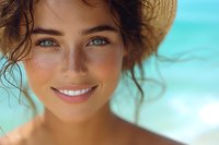 Close up portrait of young Caucasian woman with natural makeup, curly hair and straw hat smiling against turquoise summer background, showing white teeth and healthy skin.