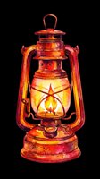 Vintage red and gold oil lantern with glowing flame, isolated on transparent background. Ready for t-shirts, clipart, stickers, print-on-demand products, and sublimation designs.