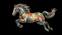 Colorful ornate horse leaping with flowing mane, decorated with swirling patterns, isolated on transparent background, ready for t-shirt design, stickers, and print on demand.