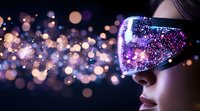 Futuristic virtual reality headset with glowing purple particles and bokeh lights streaming from display, woman wearing high-tech VR goggles in dark setting.