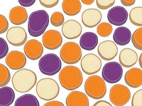Seamless pattern with colorful circles in orange, purple and beige tones on white background. Modern geometric design perfect for textiles and wallpapers.