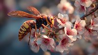 Macro shot of hornet with distinctive yellow and black striped body collecting nectar from delicate pink cherry blossoms in spring.