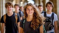 Young female student with long curly hair smiling in school hallway, surrounded by classmates carrying backpacks, natural lighting creates warm educational atmosphere.