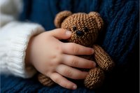 Small child's hand holding brown knitted teddy bear against dark blue sweater background, creating tender moment of childhood comfort and innocence.
