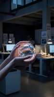Female hands holding glowing digital globe with network connections in modern office workspace. Represents global technology, innovation, and digital transformation for business solutions.