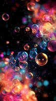 Magical soap bubbles floating in cosmic space with colorful nebula background, glowing transparent spheres creating dreamy galaxy atmosphere.