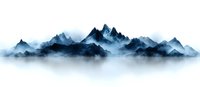 Misty mountain range silhouette in blue tones with snowy peaks against white background, watercolor style artwork for wall decor and design projects.