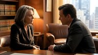 Professional woman and man in business attire having serious discussion in modern law office with city skyline view, suitable for corporate and legal themes.