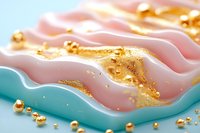 Abstract wavy layers in pink and turquoise with flowing gold liquid metal and metallic spheres on light background, modern luxury design element for creative projects.